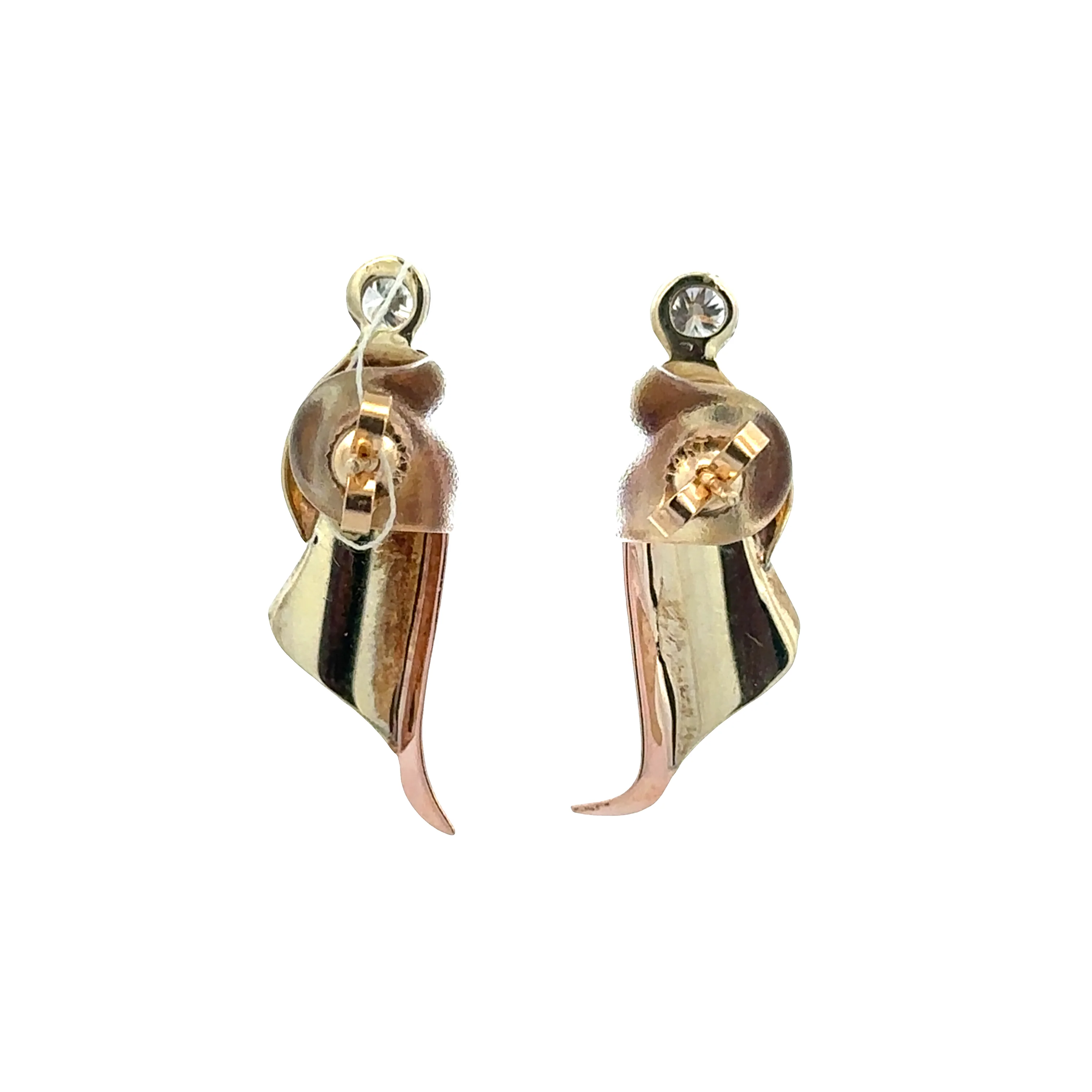 Vintage Retro 14k Yellow & Rose Gold Diamond Ribbon Earrings – Circa 1940s - Image 2